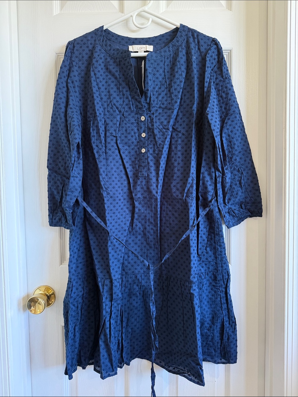 LOFT Navy Textured Midi Popover Dress